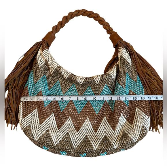 Big Buddha boho chic teal & brown medium chevron hobo with fringe - Picture 5 of 8